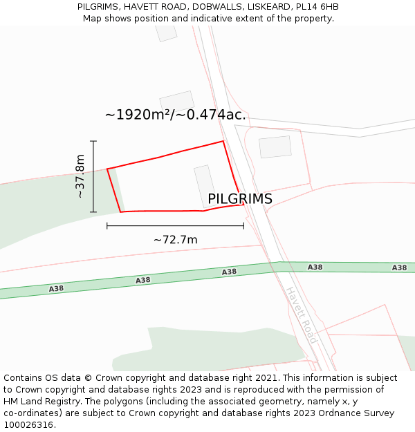 PILGRIMS, HAVETT ROAD, DOBWALLS, LISKEARD, PL14 6HB: Plot and title map