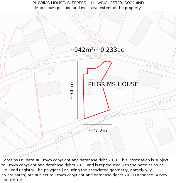 PILGRIMS HOUSE, SLEEPERS HILL, WINCHESTER, SO22 4ND: Plot and title map