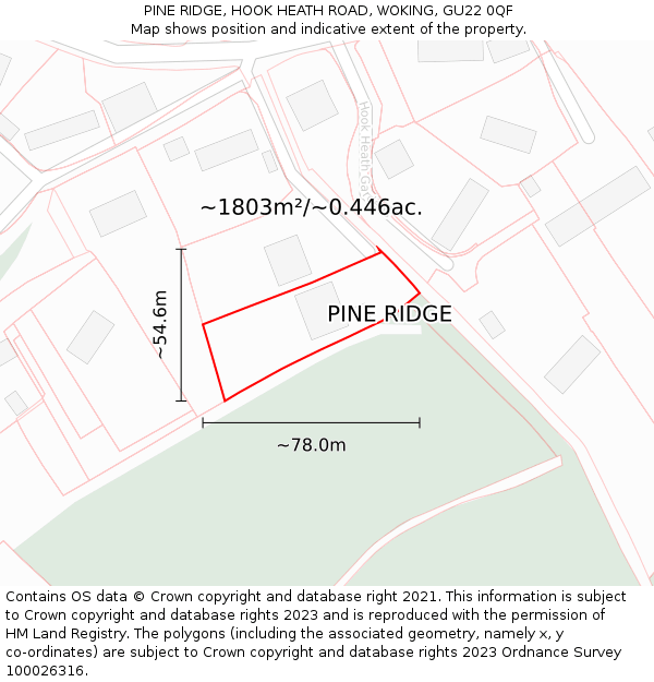 PINE RIDGE, HOOK HEATH ROAD, WOKING, GU22 0QF: Plot and title map