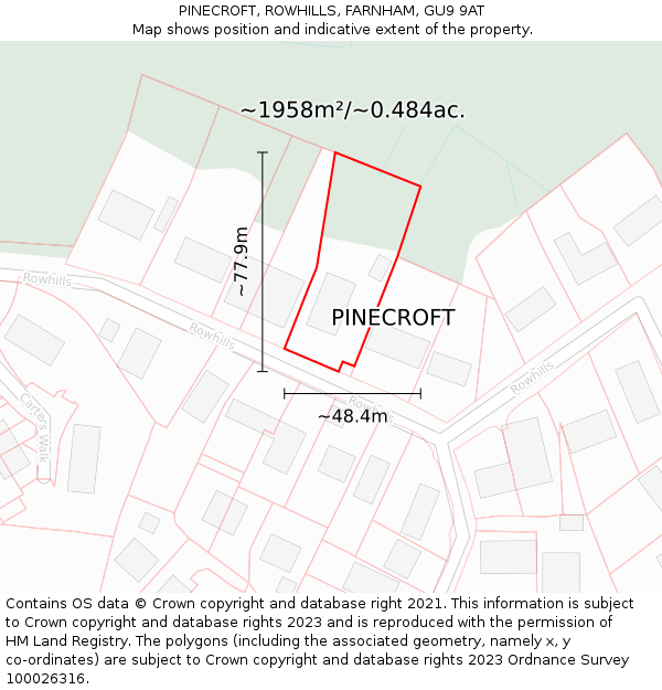 PINECROFT, ROWHILLS, FARNHAM, GU9 9AT: Plot and title map