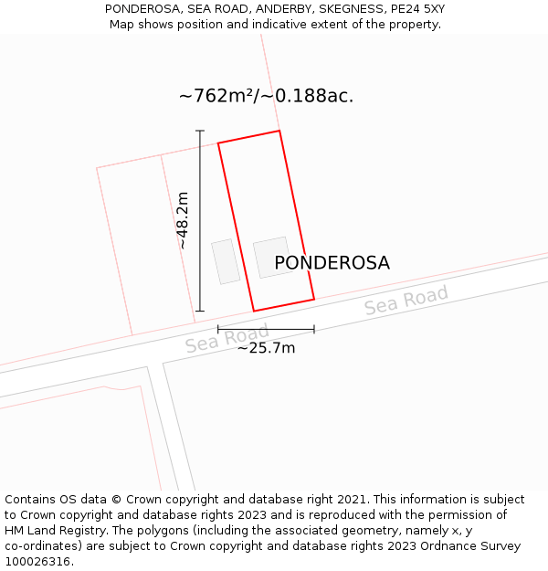 PONDEROSA, SEA ROAD, ANDERBY, SKEGNESS, PE24 5XY: Plot and title map