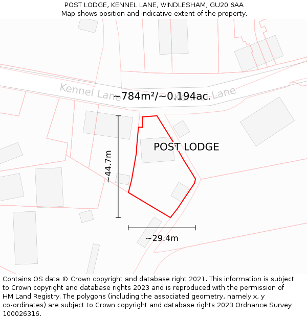 POST LODGE, KENNEL LANE, WINDLESHAM, GU20 6AA: Plot and title map