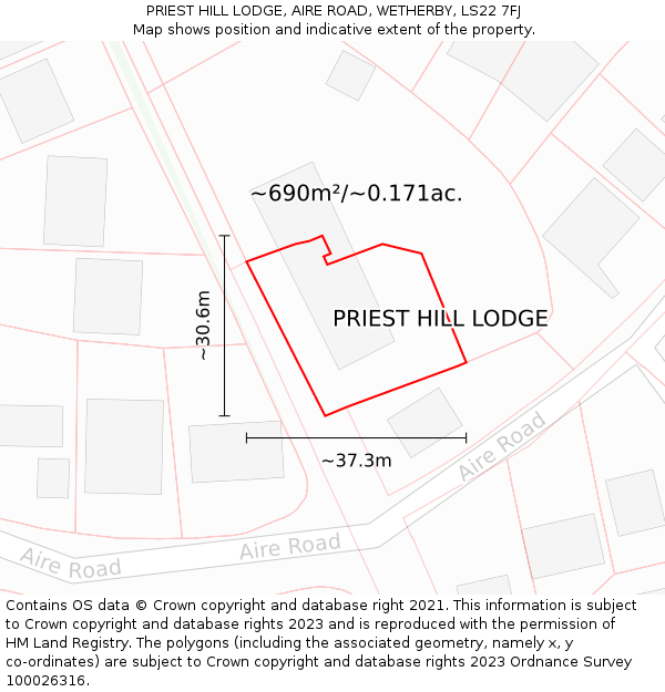 PRIEST HILL LODGE, AIRE ROAD, WETHERBY, LS22 7FJ: Plot and title map