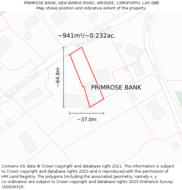 PRIMROSE BANK, NEW BARNS ROAD, ARNSIDE, CARNFORTH, LA5 0BB: Plot and title map