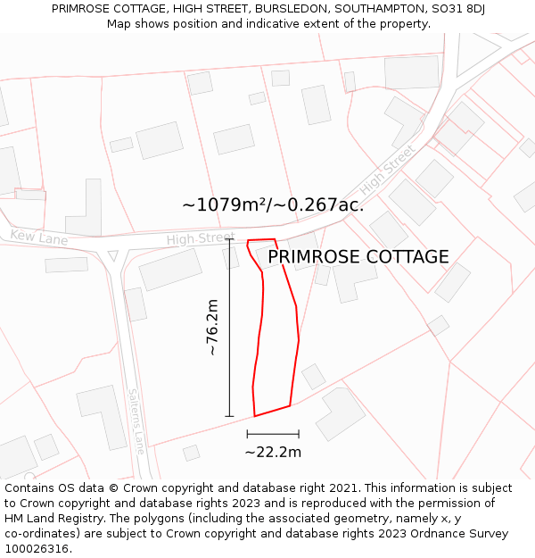 PRIMROSE COTTAGE, HIGH STREET, BURSLEDON, SOUTHAMPTON, SO31 8DJ: Plot and title map