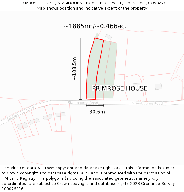 PRIMROSE HOUSE, STAMBOURNE ROAD, RIDGEWELL, HALSTEAD, CO9 4SR: Plot and title map