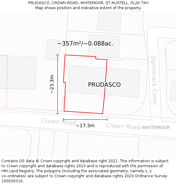 PRUDASCO, CROWN ROAD, WHITEMOOR, ST AUSTELL, PL26 7XH: Plot and title map