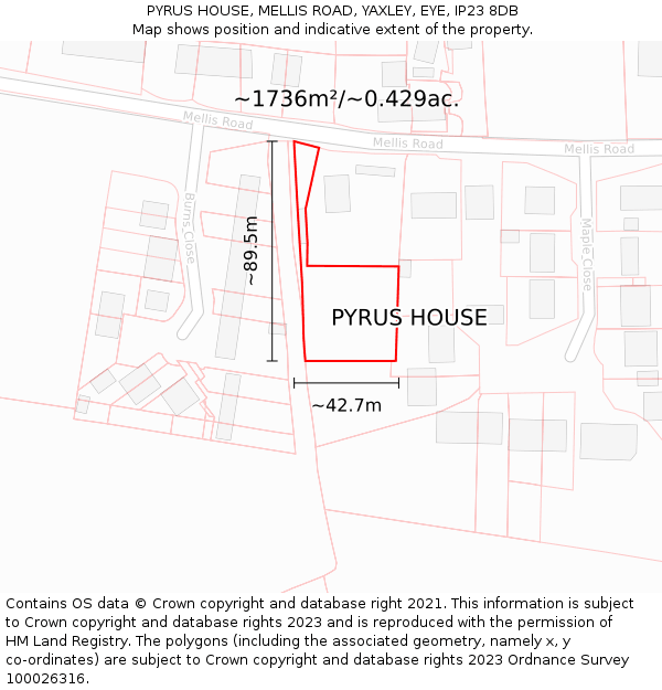 PYRUS HOUSE, MELLIS ROAD, YAXLEY, EYE, IP23 8DB: Plot and title map