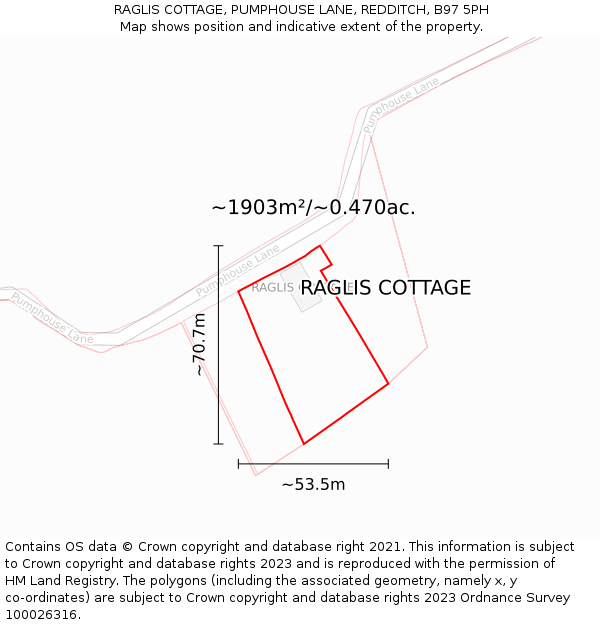 RAGLIS COTTAGE, PUMPHOUSE LANE, REDDITCH, B97 5PH: Plot and title map