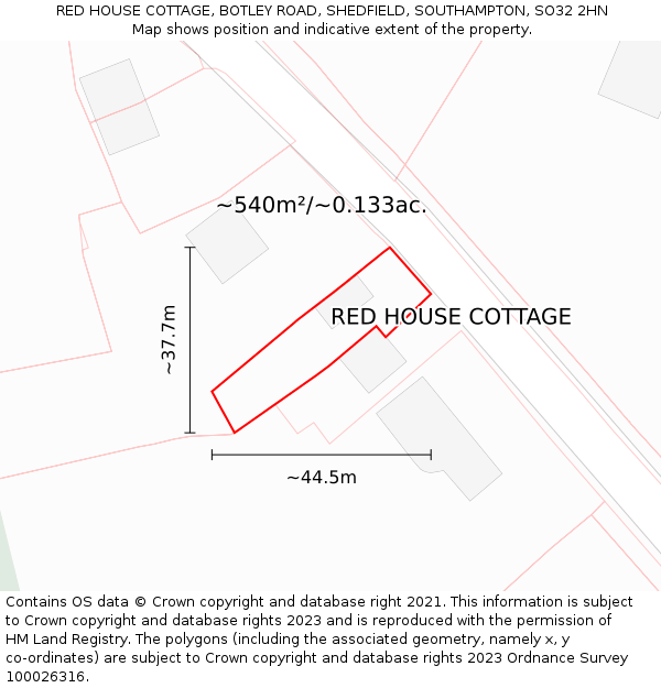 RED HOUSE COTTAGE, BOTLEY ROAD, SHEDFIELD, SOUTHAMPTON, SO32 2HN: Plot and title map