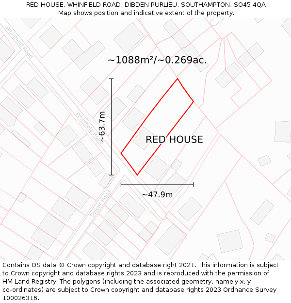 RED HOUSE, WHINFIELD ROAD, DIBDEN PURLIEU, SOUTHAMPTON, SO45 4QA: Plot and title map