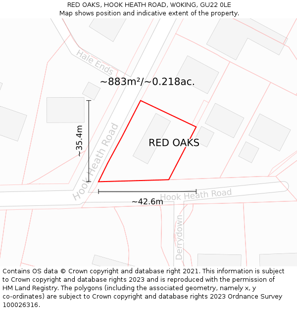 RED OAKS, HOOK HEATH ROAD, WOKING, GU22 0LE: Plot and title map