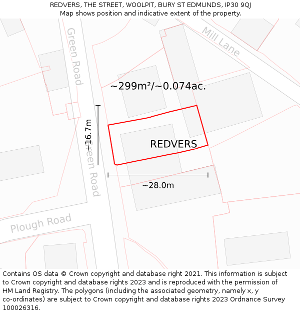 REDVERS, THE STREET, WOOLPIT, BURY ST EDMUNDS, IP30 9QJ: Plot and title map