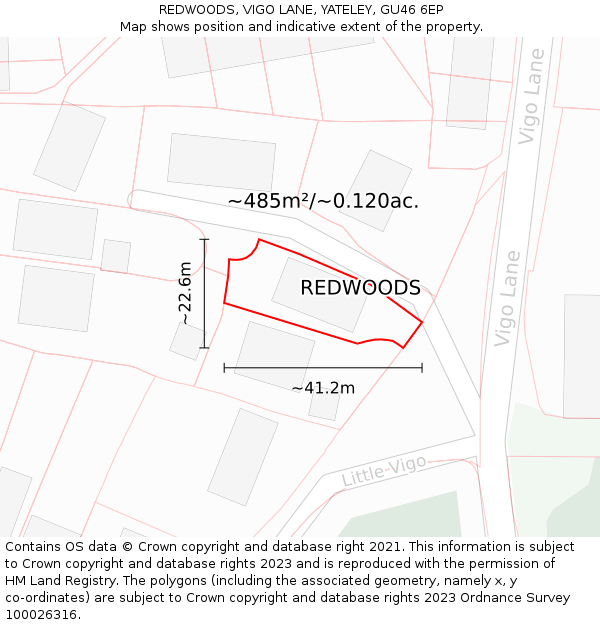 REDWOODS, VIGO LANE, YATELEY, GU46 6EP: Plot and title map