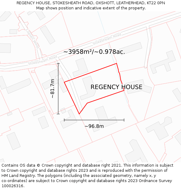 REGENCY HOUSE, STOKESHEATH ROAD, OXSHOTT, LEATHERHEAD, KT22 0PN: Plot and title map