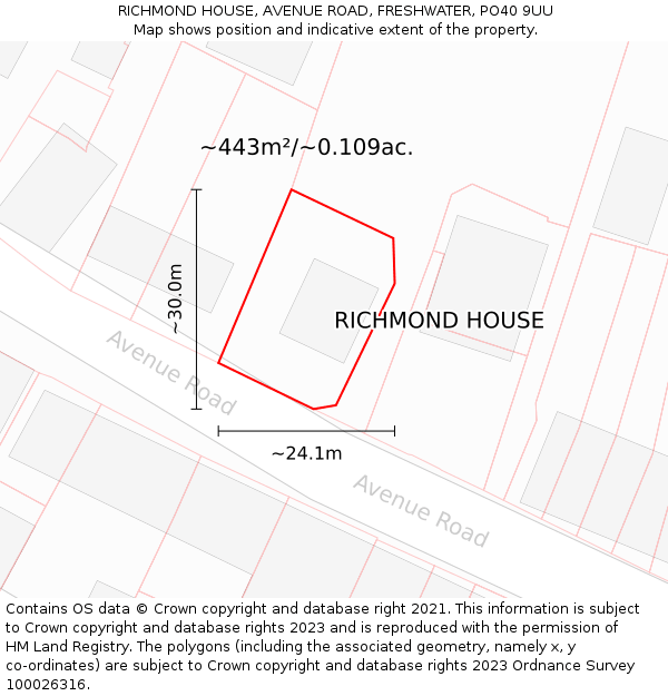 RICHMOND HOUSE, AVENUE ROAD, FRESHWATER, PO40 9UU: Plot and title map