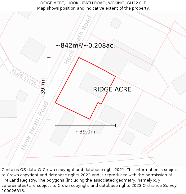 RIDGE ACRE, HOOK HEATH ROAD, WOKING, GU22 0LE: Plot and title map