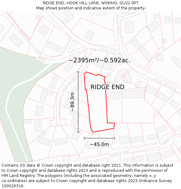 RIDGE END, HOOK HILL LANE, WOKING, GU22 0PT: Plot and title map