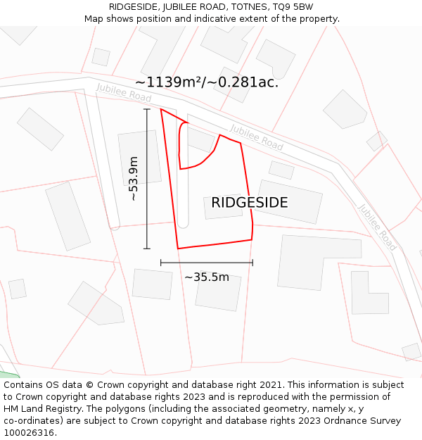 RIDGESIDE, JUBILEE ROAD, TOTNES, TQ9 5BW: Plot and title map