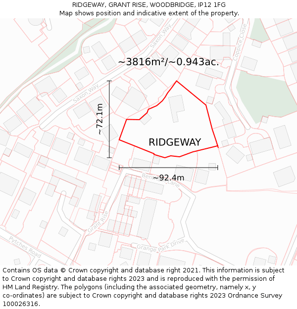 RIDGEWAY, GRANT RISE, WOODBRIDGE, IP12 1FG: Plot and title map