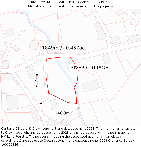 RIVER COTTAGE, SMALLRIDGE, AXMINSTER, EX13 7LY: Plot and title map