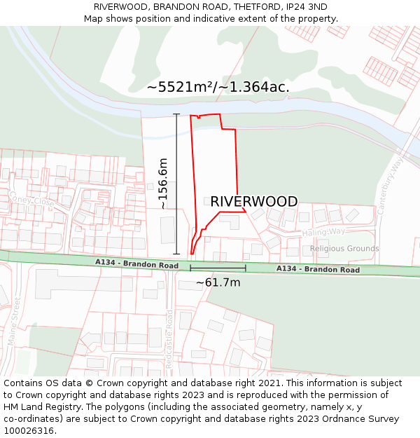 RIVERWOOD, BRANDON ROAD, THETFORD, IP24 3ND: Plot and title map
