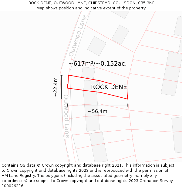 ROCK DENE, OUTWOOD LANE, CHIPSTEAD, COULSDON, CR5 3NF: Plot and title map