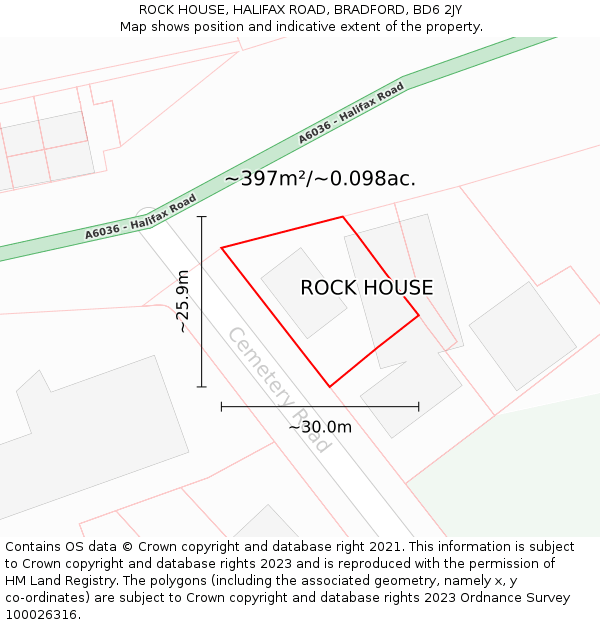 ROCK HOUSE, HALIFAX ROAD, BRADFORD, BD6 2JY: Plot and title map