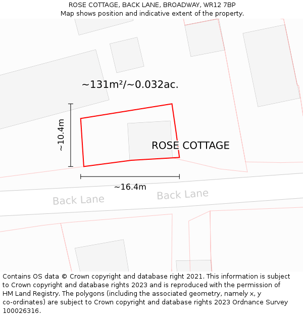 ROSE COTTAGE, BACK LANE, BROADWAY, WR12 7BP: Plot and title map