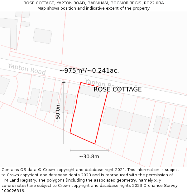 ROSE COTTAGE, YAPTON ROAD, BARNHAM, BOGNOR REGIS, PO22 0BA: Plot and title map