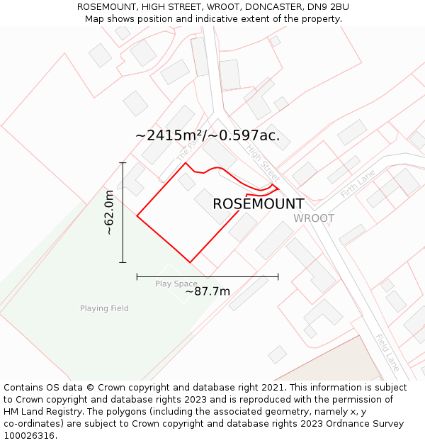ROSEMOUNT, HIGH STREET, WROOT, DONCASTER, DN9 2BU: Plot and title map