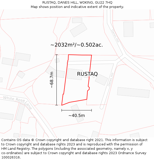 RUSTAQ, DANES HILL, WOKING, GU22 7HQ: Plot and title map