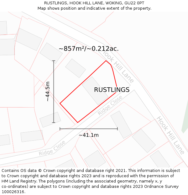 RUSTLINGS, HOOK HILL LANE, WOKING, GU22 0PT: Plot and title map