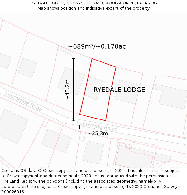 RYEDALE LODGE, SUNNYSIDE ROAD, WOOLACOMBE, EX34 7DG: Plot and title map