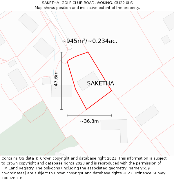 SAKETHA, GOLF CLUB ROAD, WOKING, GU22 0LS: Plot and title map