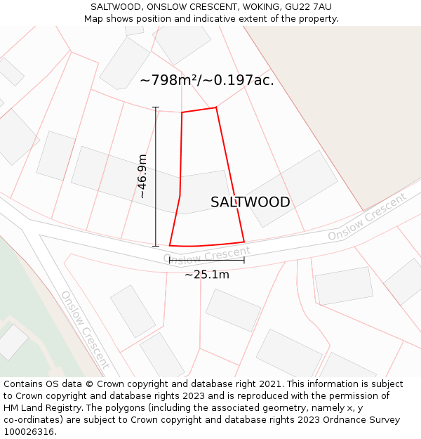 SALTWOOD, ONSLOW CRESCENT, WOKING, GU22 7AU: Plot and title map