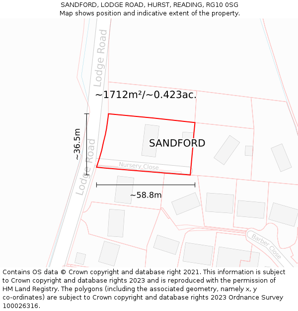 SANDFORD, LODGE ROAD, HURST, READING, RG10 0SG: Plot and title map