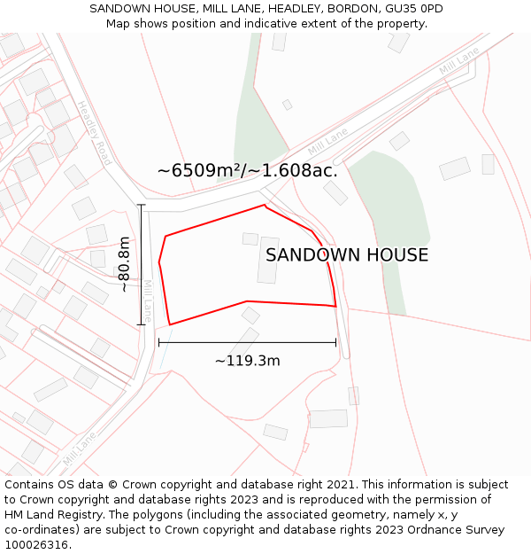 SANDOWN HOUSE, MILL LANE, HEADLEY, BORDON, GU35 0PD: Plot and title map