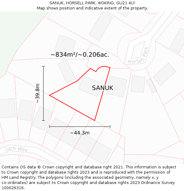 SANUK, HORSELL PARK, WOKING, GU21 4LY: Plot and title map