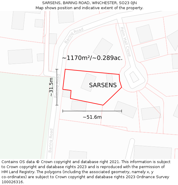 SARSENS, BARING ROAD, WINCHESTER, SO23 0JN: Plot and title map