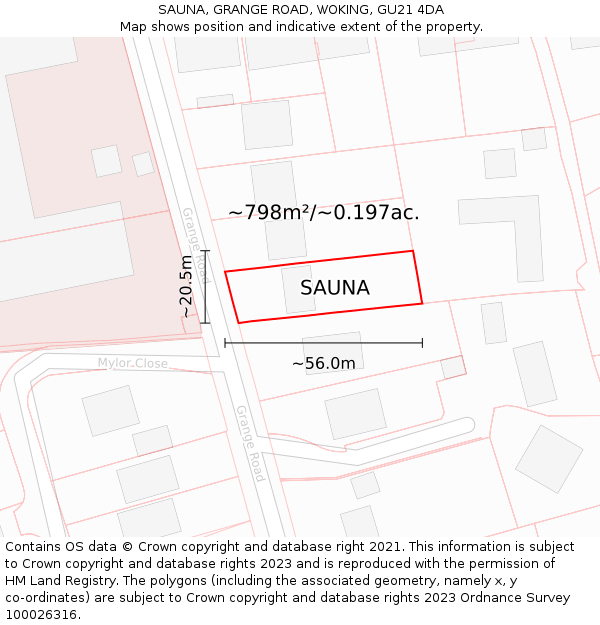 SAUNA, GRANGE ROAD, WOKING, GU21 4DA: Plot and title map
