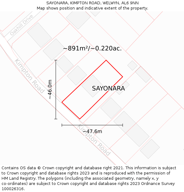 SAYONARA, KIMPTON ROAD, WELWYN, AL6 9NN: Plot and title map