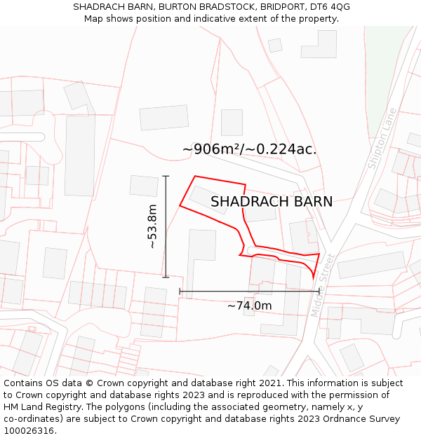 SHADRACH BARN, BURTON BRADSTOCK, BRIDPORT, DT6 4QG: Plot and title map