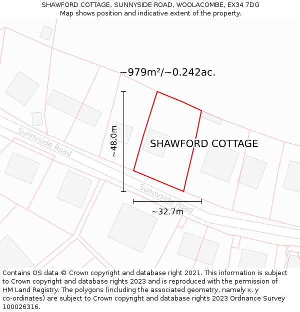 SHAWFORD COTTAGE, SUNNYSIDE ROAD, WOOLACOMBE, EX34 7DG: Plot and title map