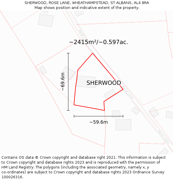 SHERWOOD, ROSE LANE, WHEATHAMPSTEAD, ST ALBANS, AL4 8RA: Plot and title map