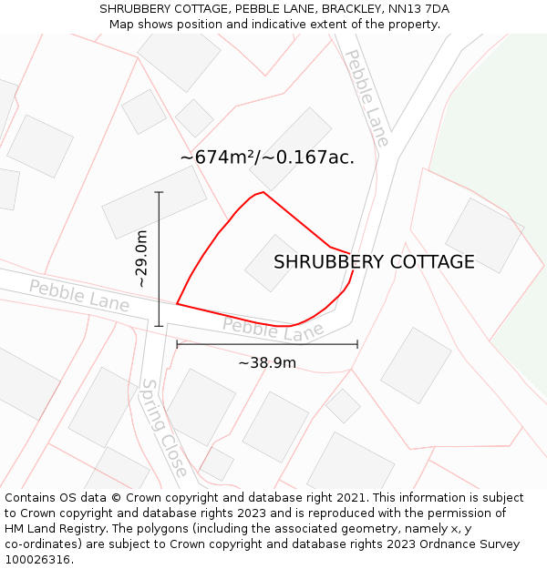 SHRUBBERY COTTAGE, PEBBLE LANE, BRACKLEY, NN13 7DA: Plot and title map