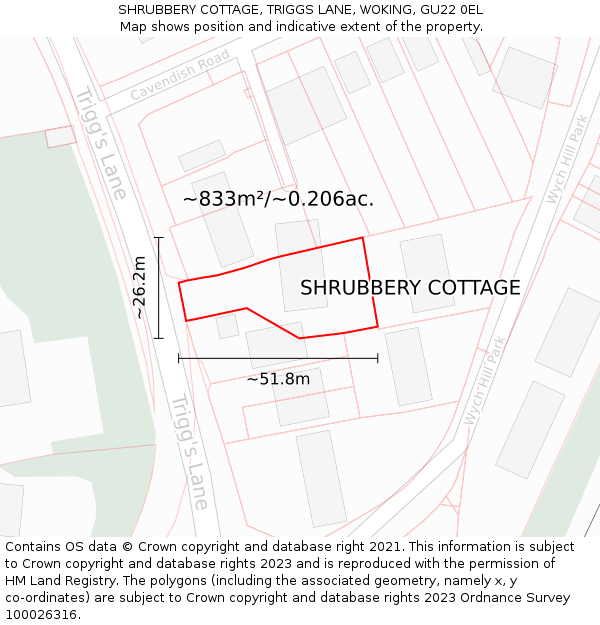 SHRUBBERY COTTAGE, TRIGGS LANE, WOKING, GU22 0EL: Plot and title map