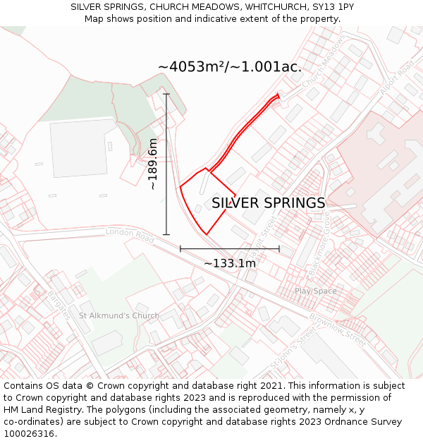 SILVER SPRINGS, CHURCH MEADOWS, WHITCHURCH, SY13 1PY: Plot and title map