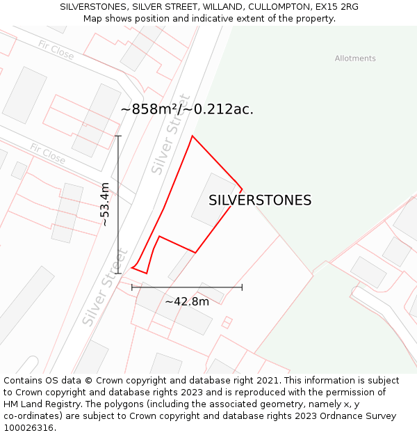 SILVERSTONES, SILVER STREET, WILLAND, CULLOMPTON, EX15 2RG: Plot and title map