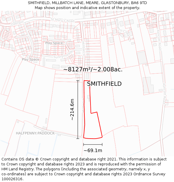 SMITHFIELD, MILLBATCH LANE, MEARE, GLASTONBURY, BA6 9TD: Plot and title map